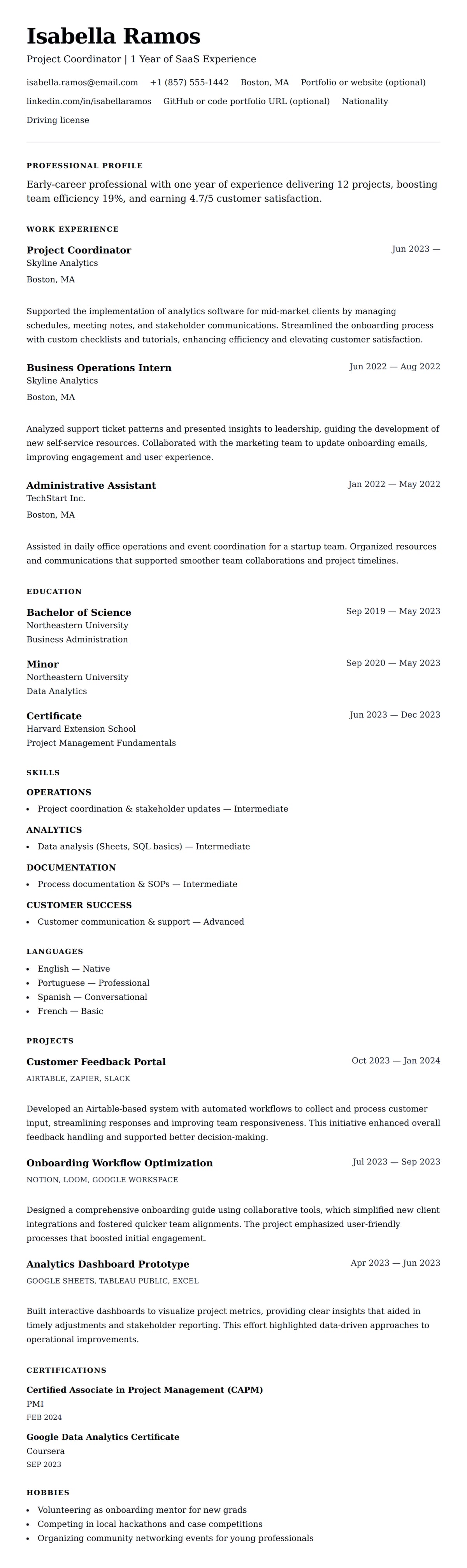 Resume preview for One-Year Experience Resume Example