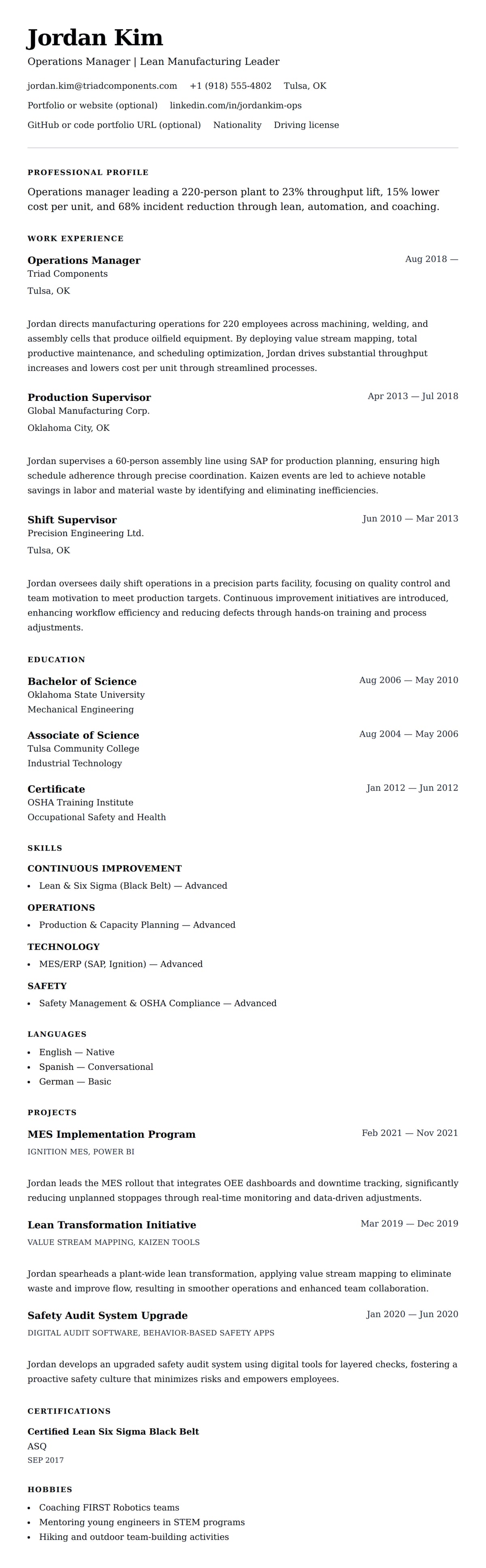Resume preview for Operations Manager Resume Example