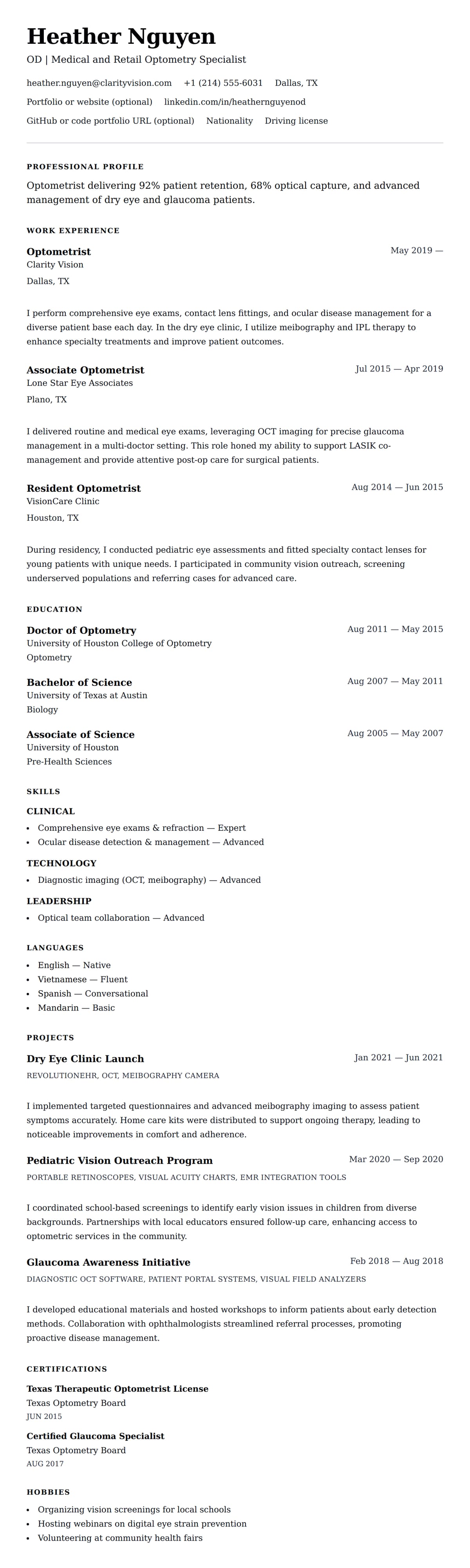 Resume preview for Optometrist Resume Example