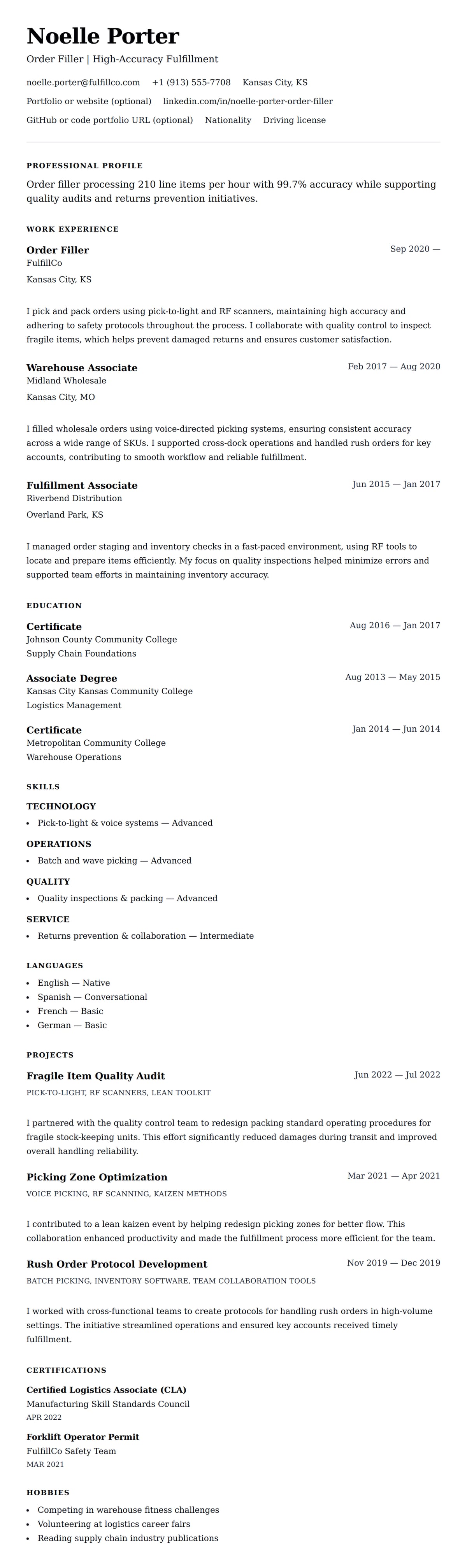 Resume preview for Order Filler Resume Example
