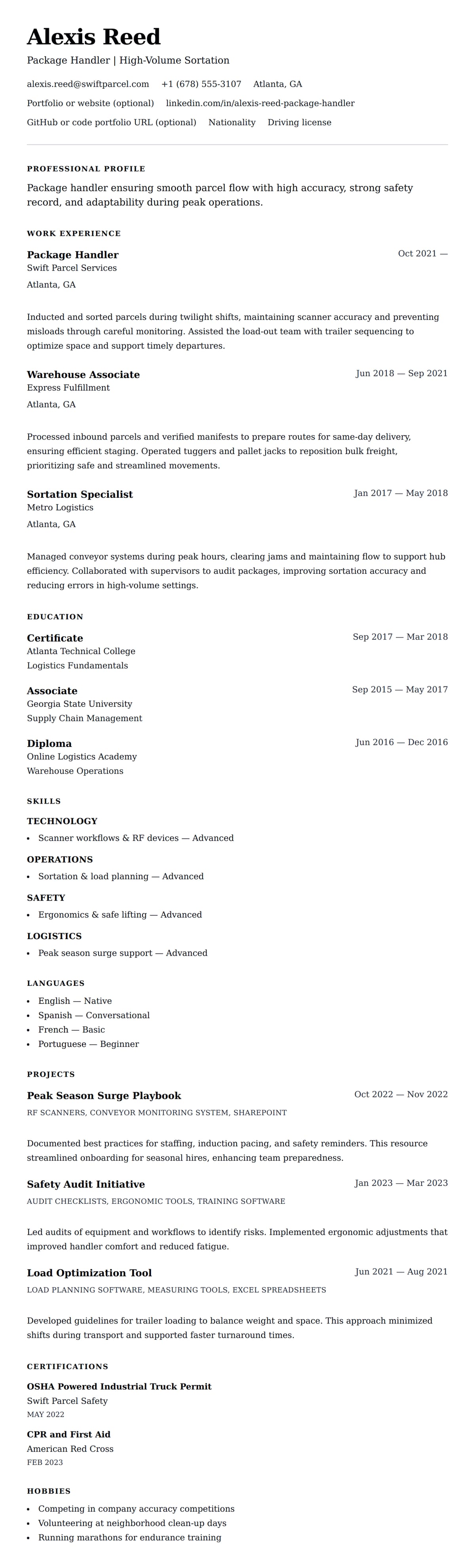 Resume preview for Package Handler Resume Example