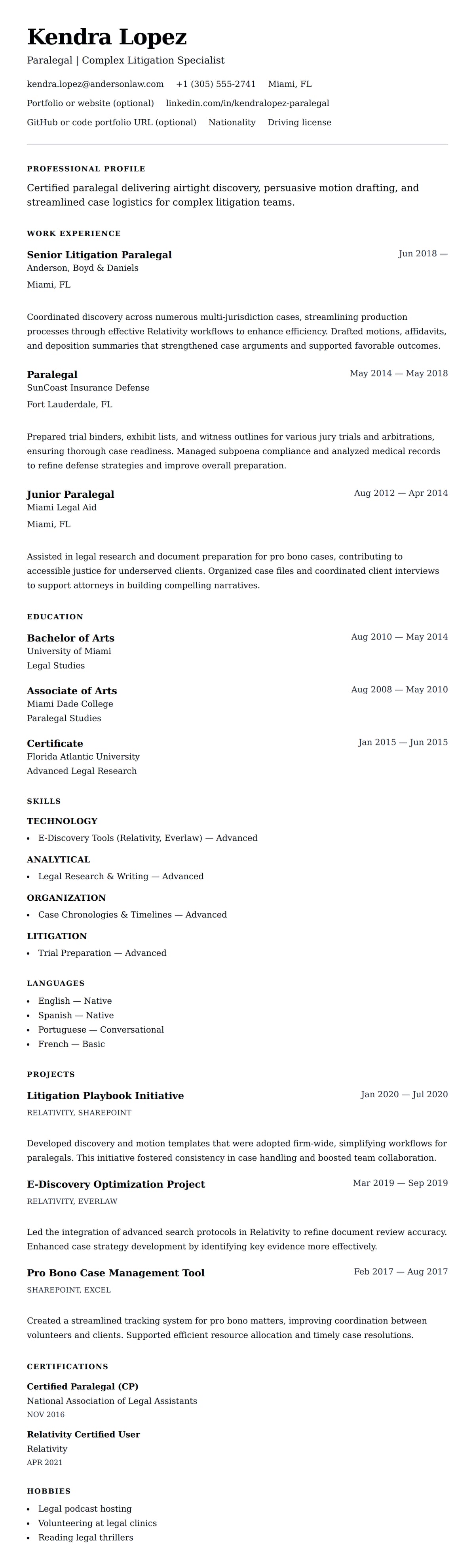 Resume preview for Paralegal Resume Example