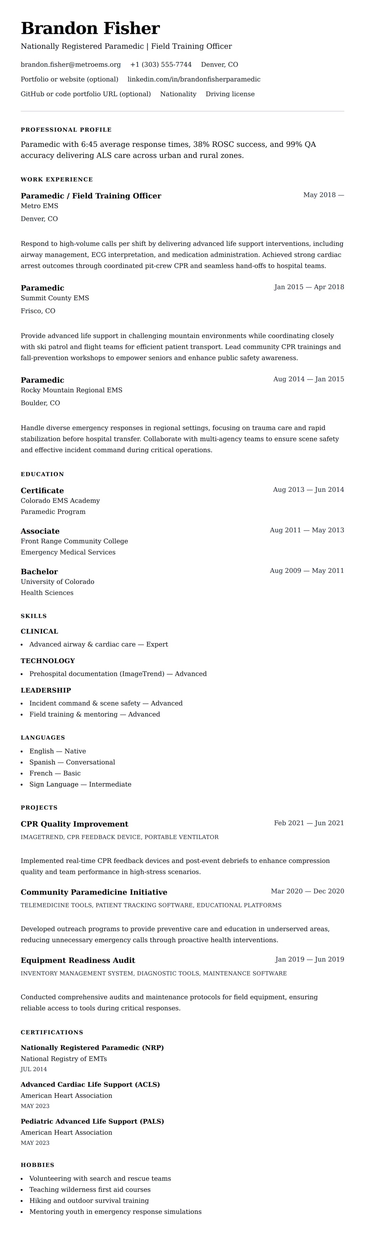 Resume preview for Paramedic Resume Example