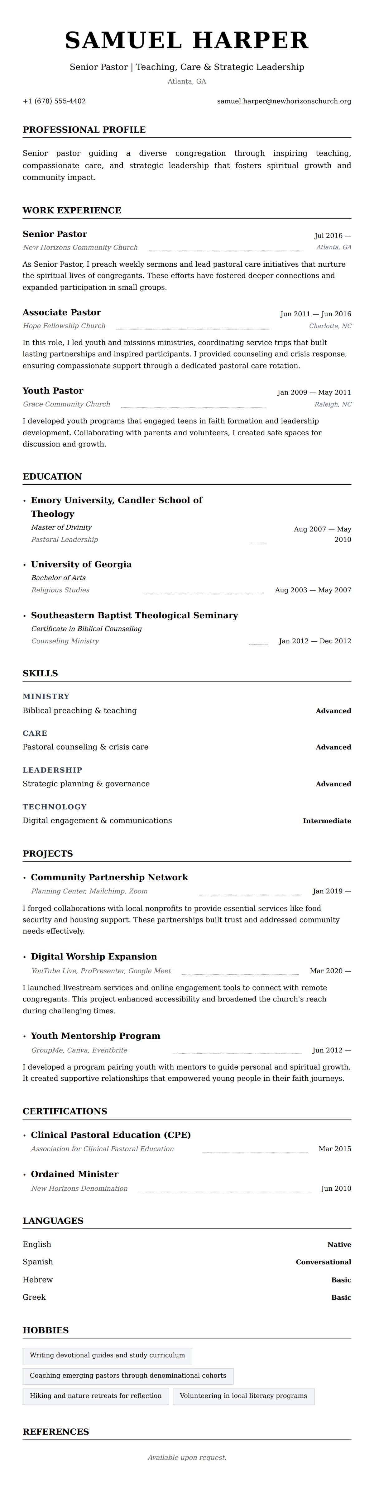 Resume preview for Pastor Resume Example