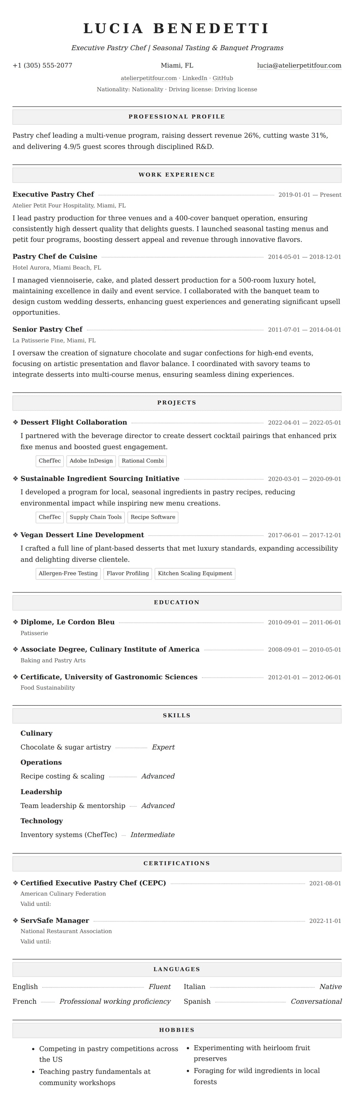 Resume preview for Pastry Chef Resume Example