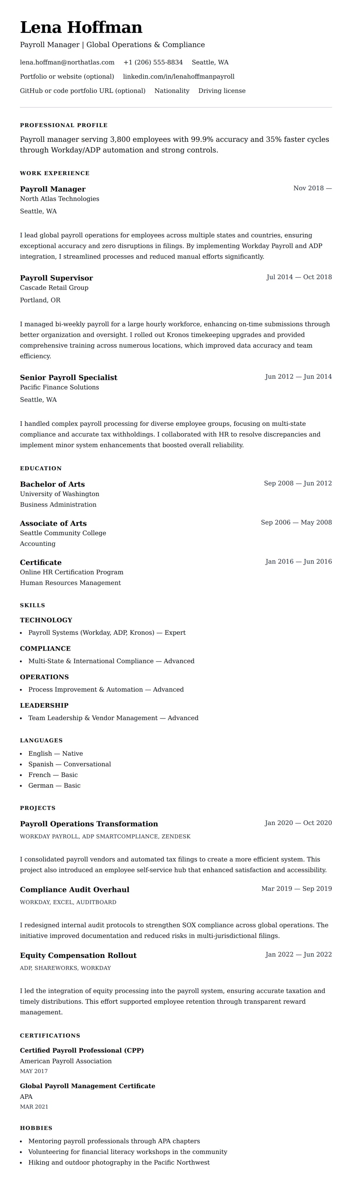 Resume preview for Payroll Manager Resume Example