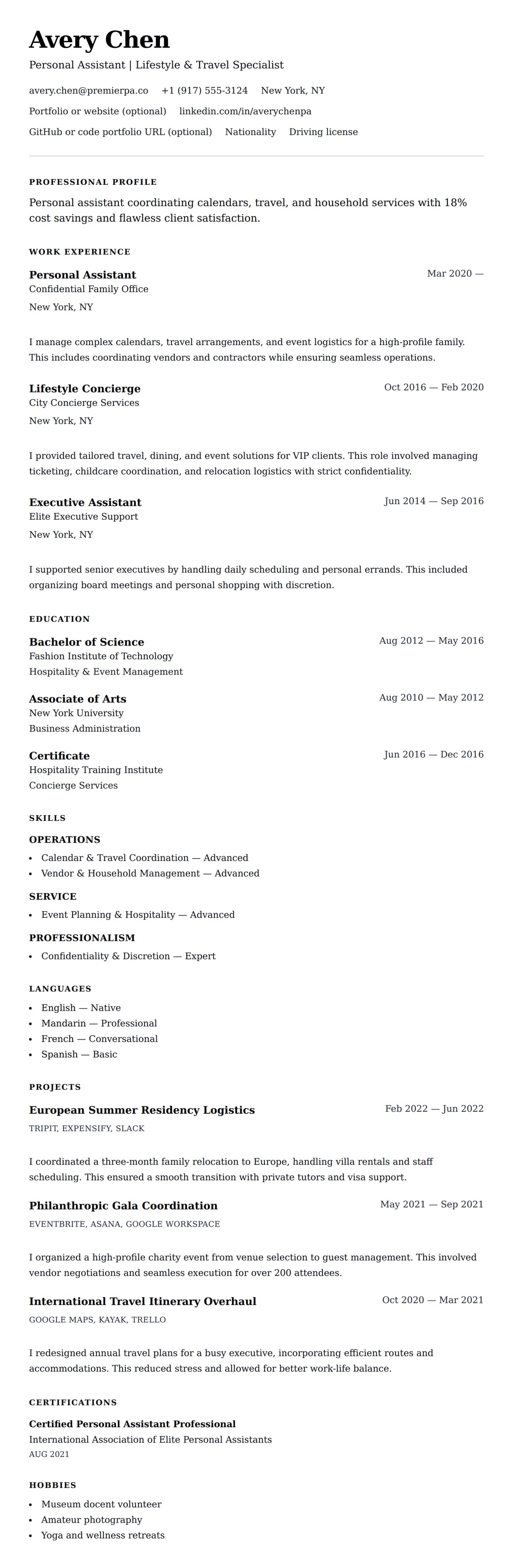 Personal Assistant Resume Example