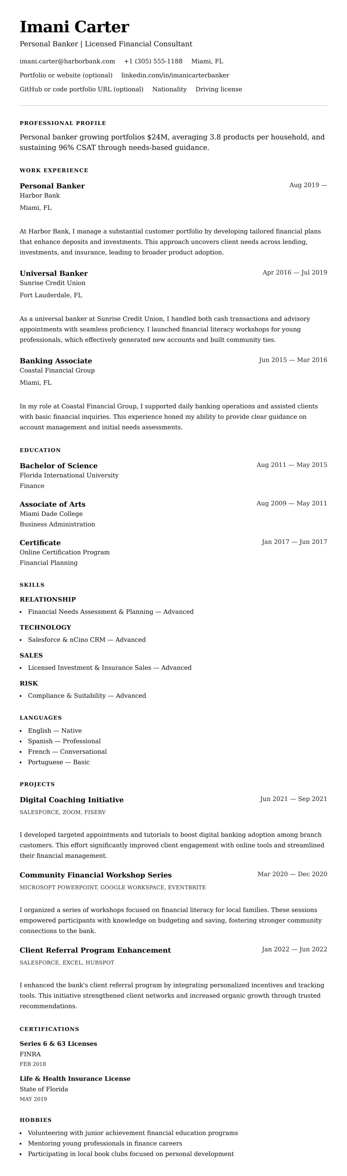 Resume preview for Personal Banker Resume Example