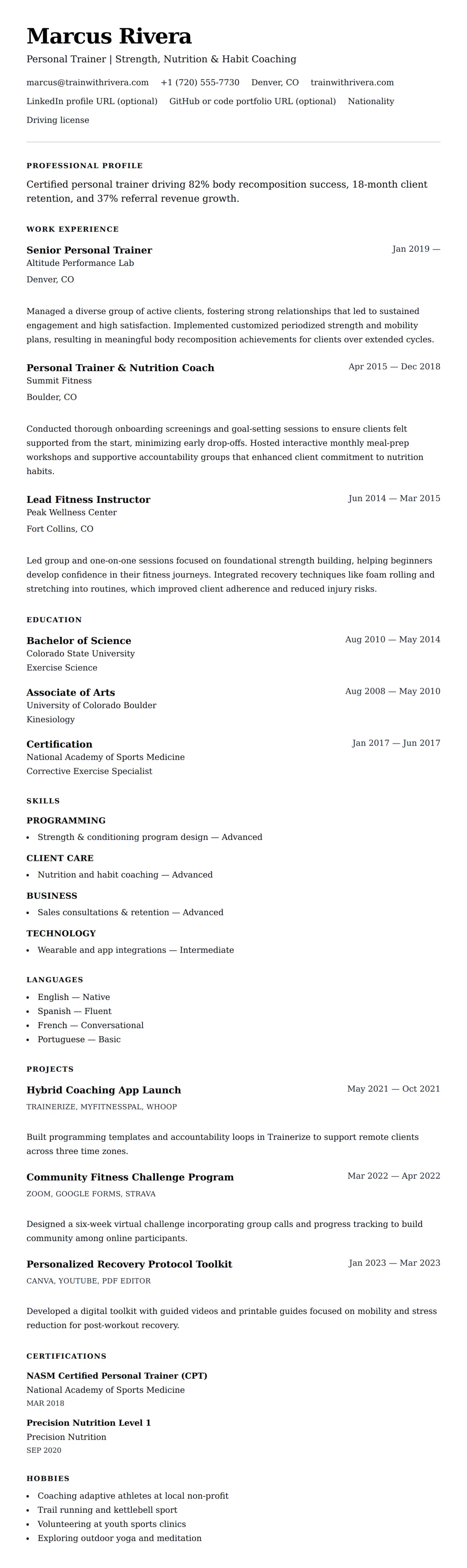 Resume preview for Personal Trainer Resume Example