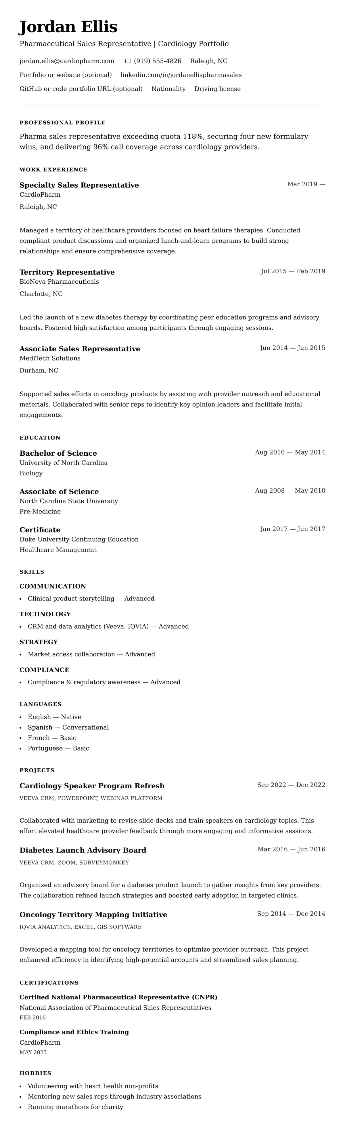 Resume preview for Pharmaceutical Sales Representative Resume Example