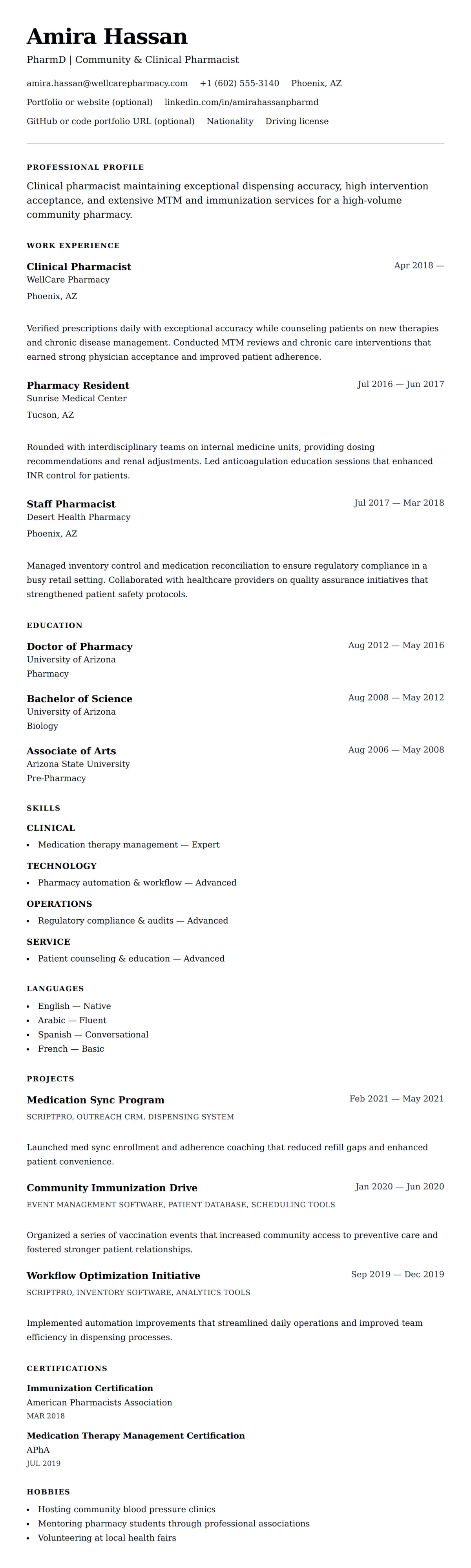 Resume preview for Pharmacist Resume Example