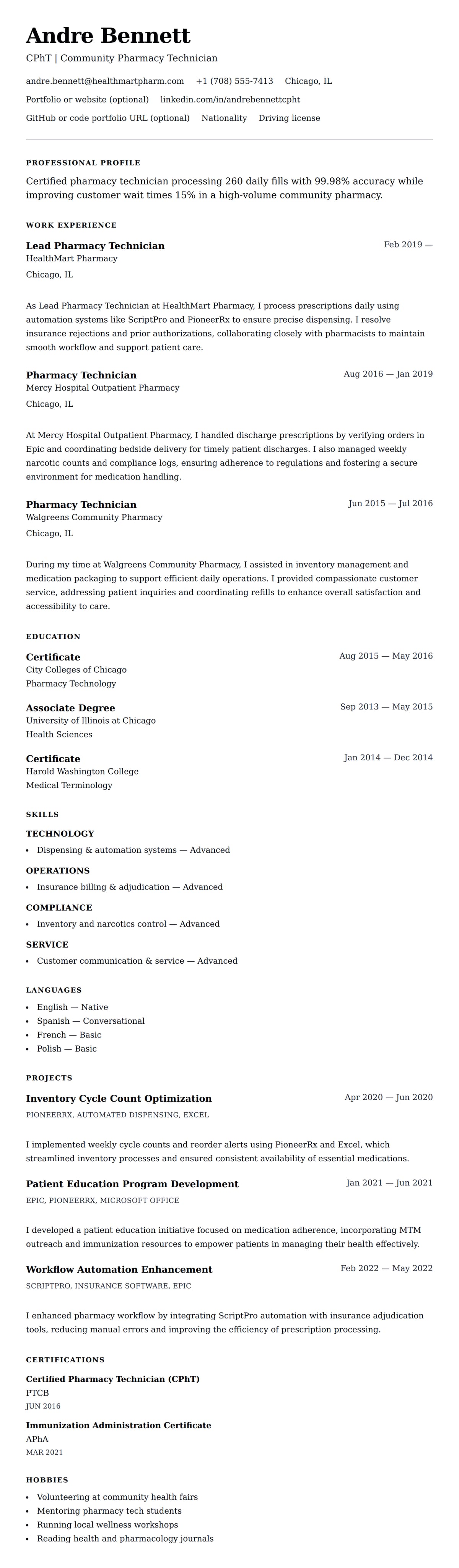 Resume preview for Pharmacy Technician Resume Example