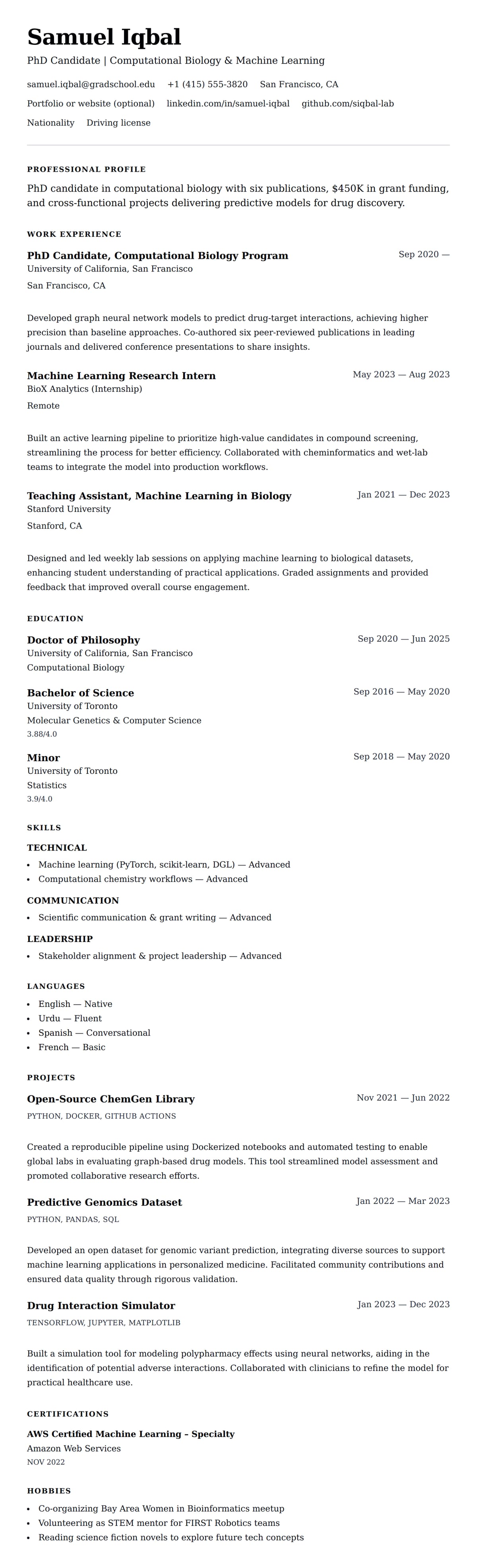 Resume preview for PhD Resume Resume Example