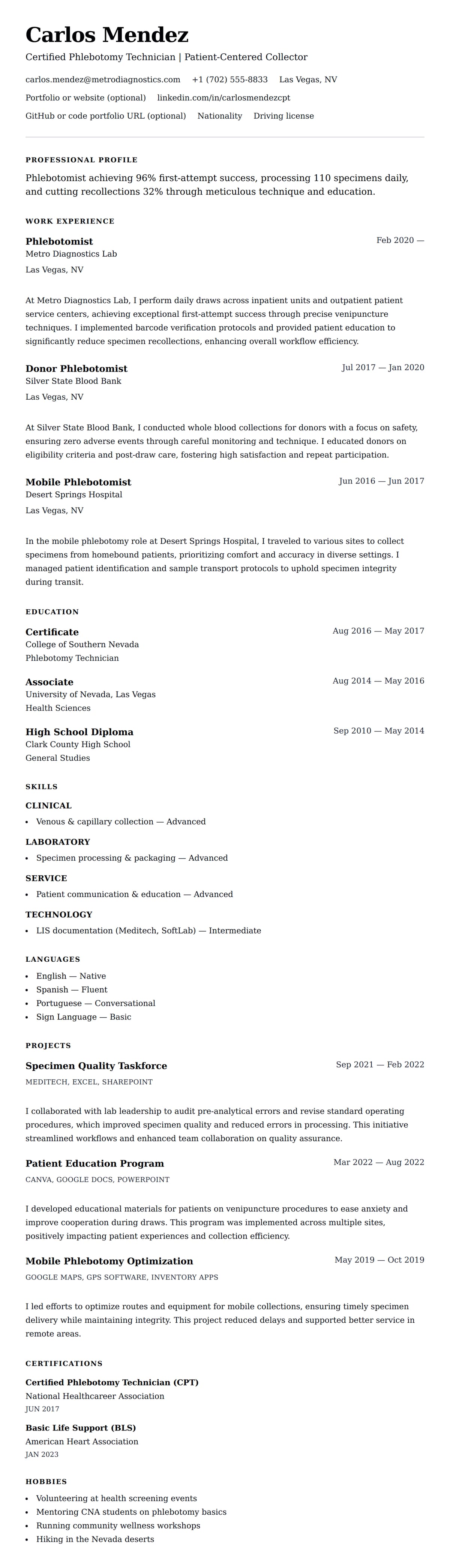 Resume preview for Phlebotomist Resume Example