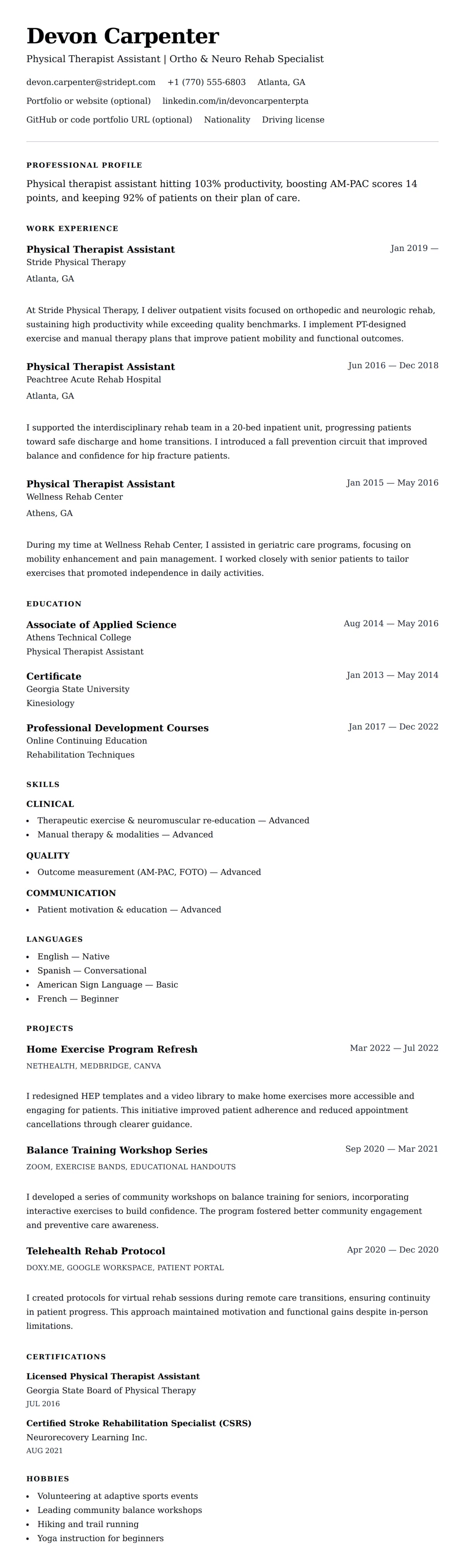 Resume preview for Physical Therapist Assistant (PTA) Resume Example