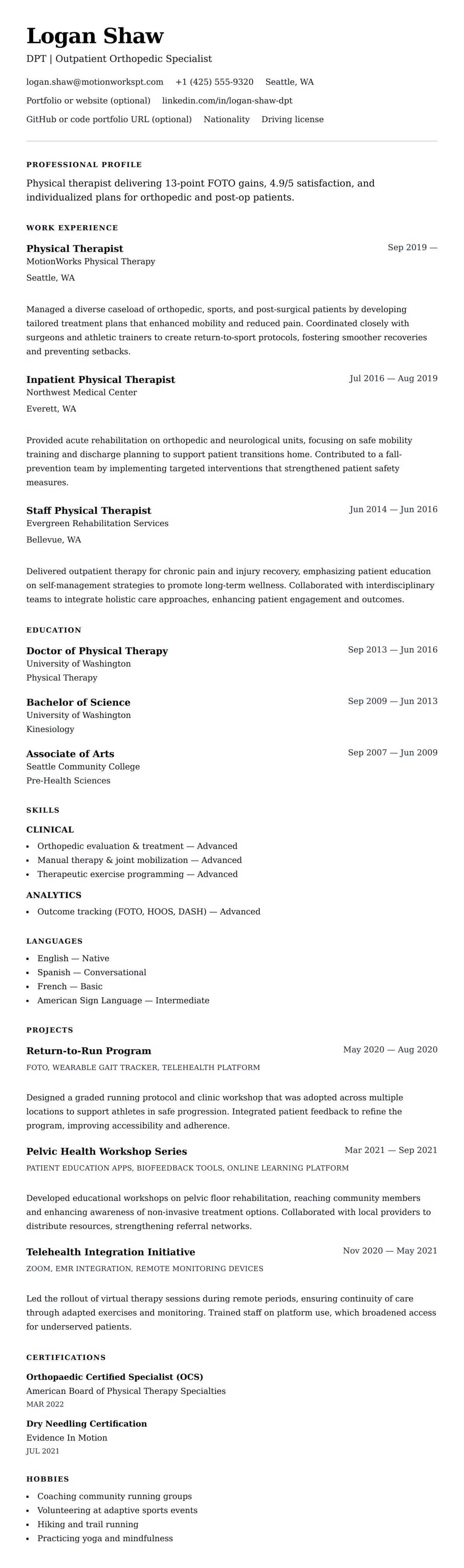 Resume preview for Physical Therapist Resume Example