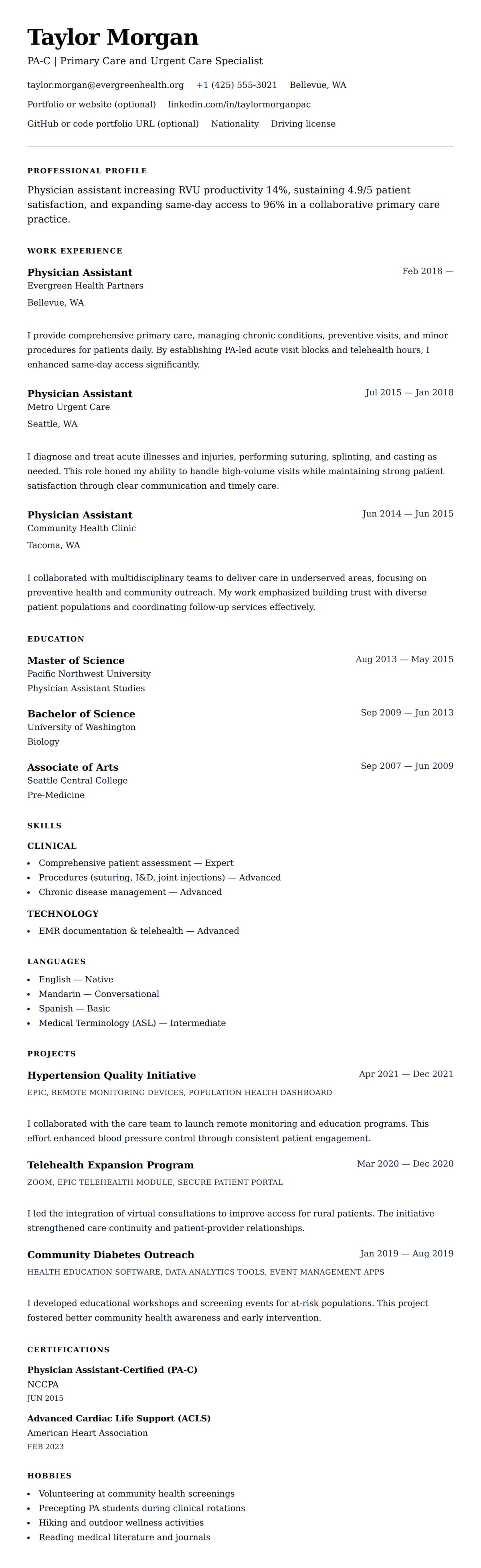 Resume preview for Physician Assistant Resume Example