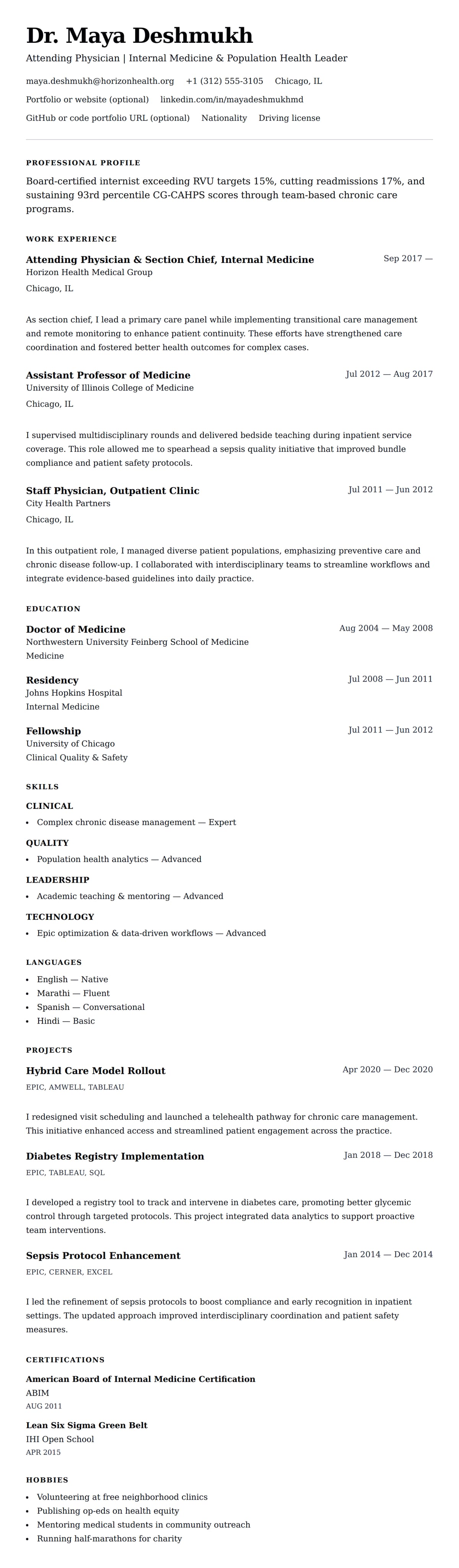 Resume preview for Physician Resume Example