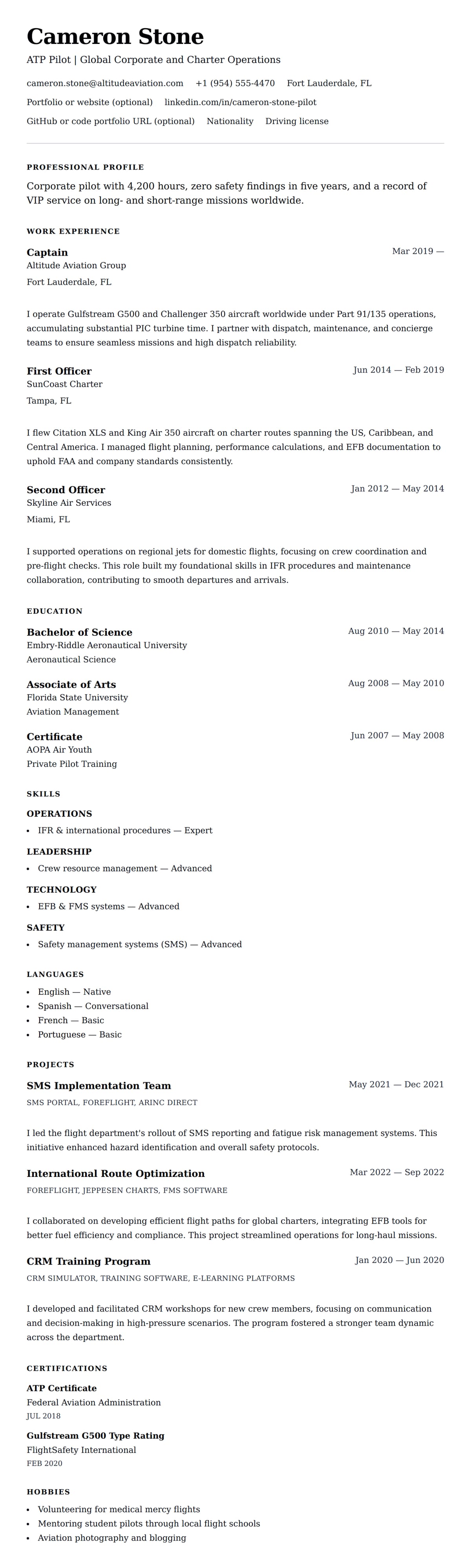 Resume preview for Pilot Resume Example