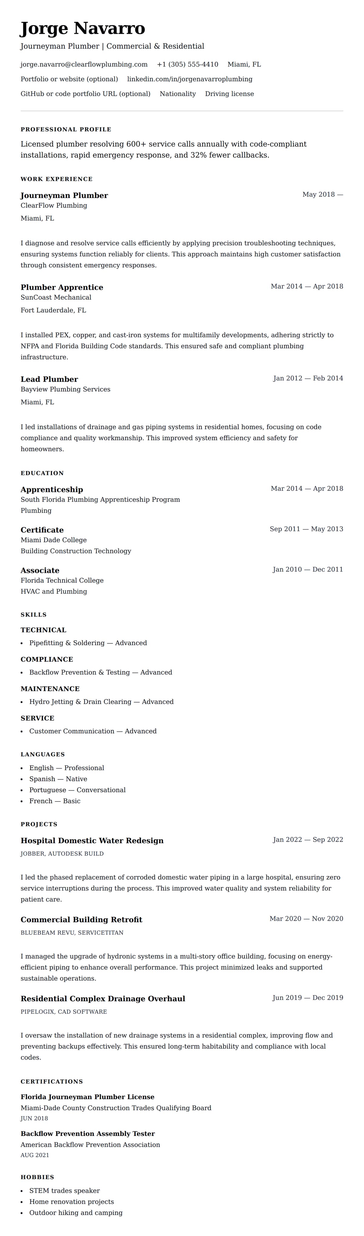 Resume preview for Plumber Resume Example