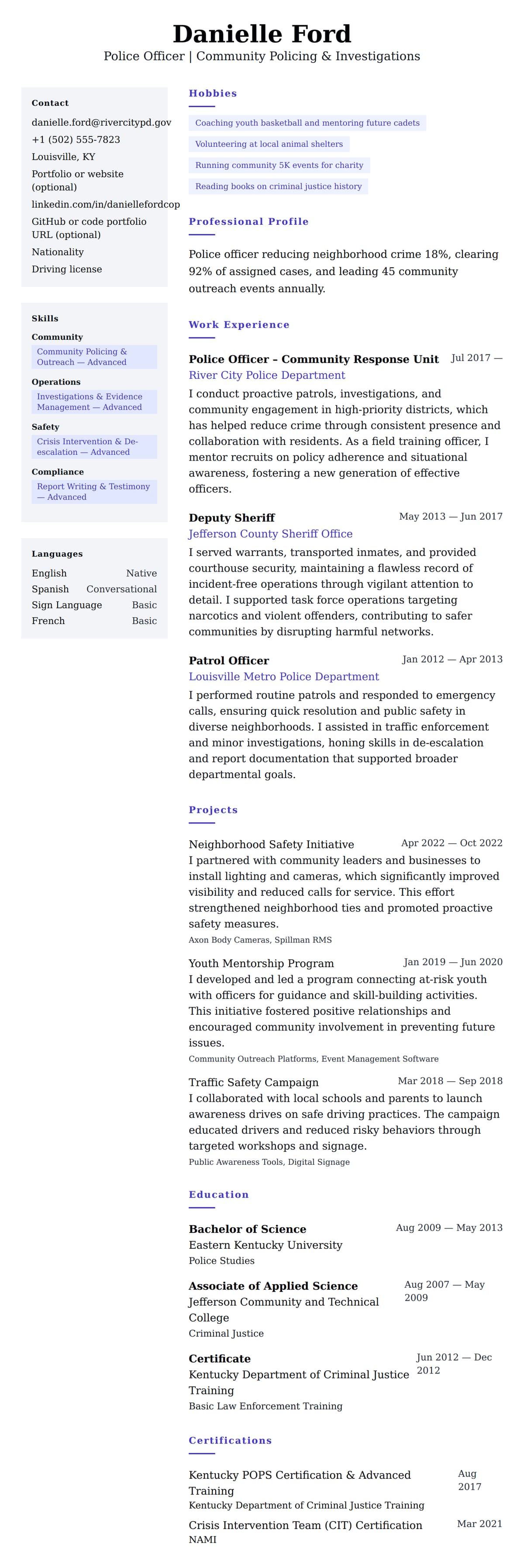 Resume preview for Police Officer Resume Example