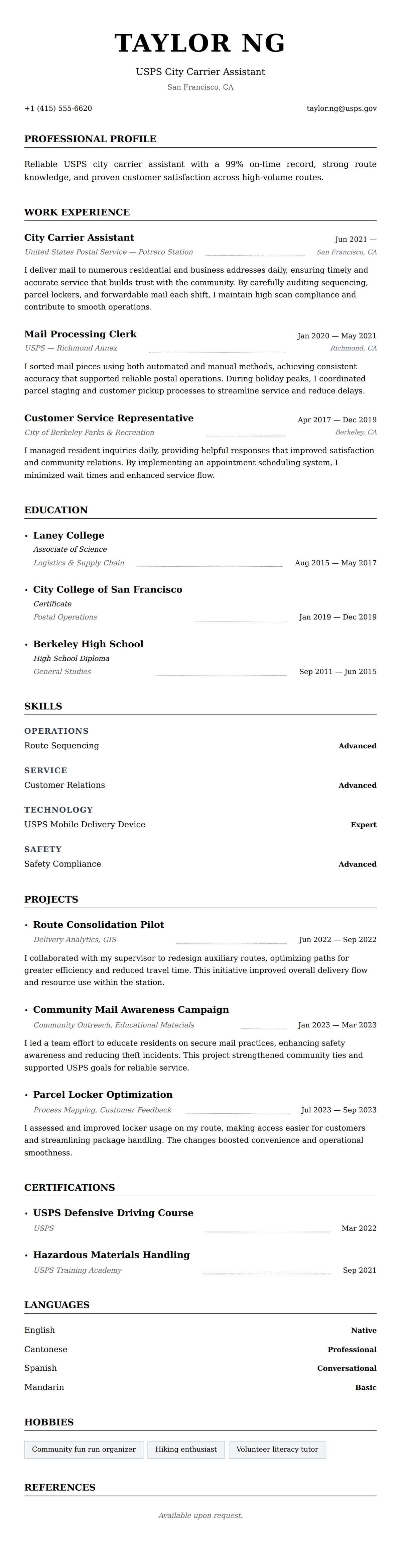 Resume preview for Postal Service Worker Resume Example