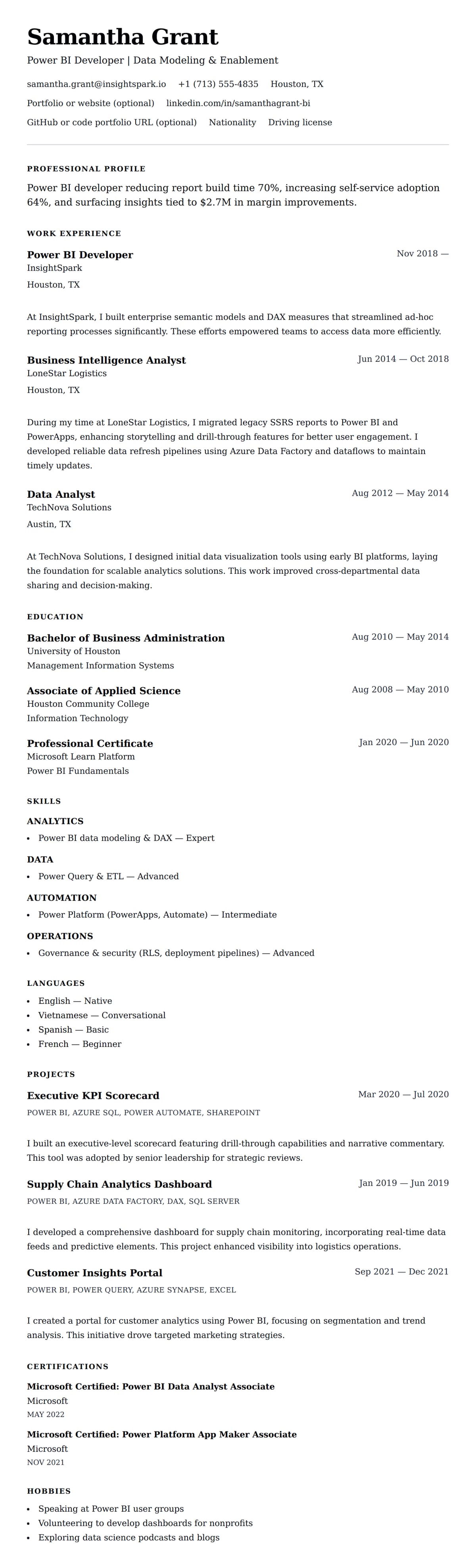 Resume preview for Power BI Developer Resume Example