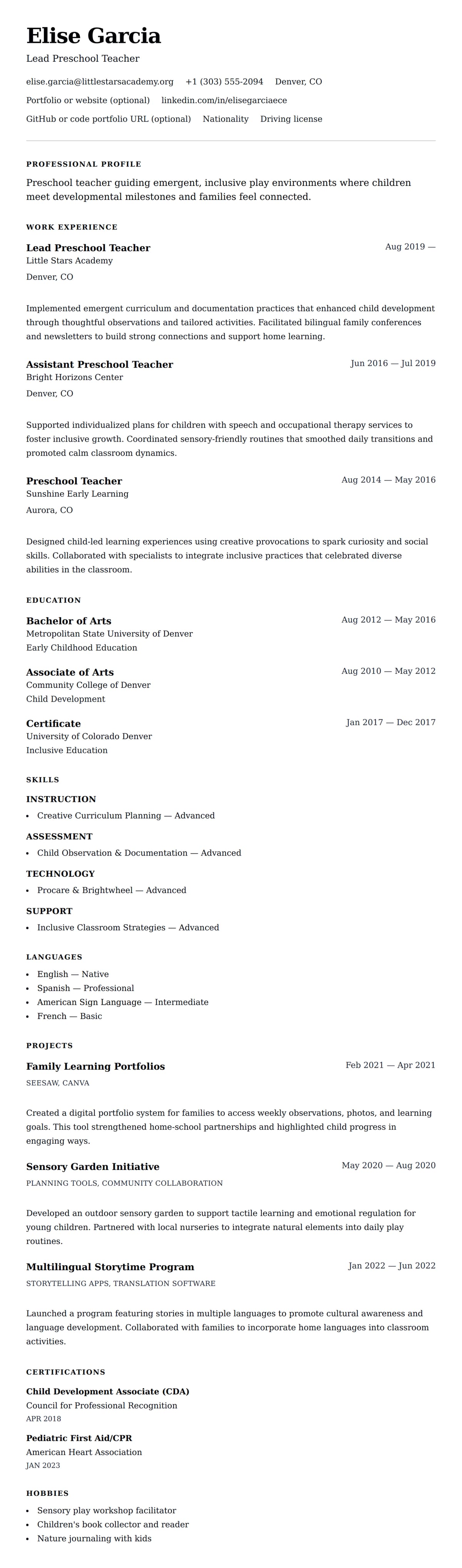Resume preview for Preschool Teacher Resume Example
