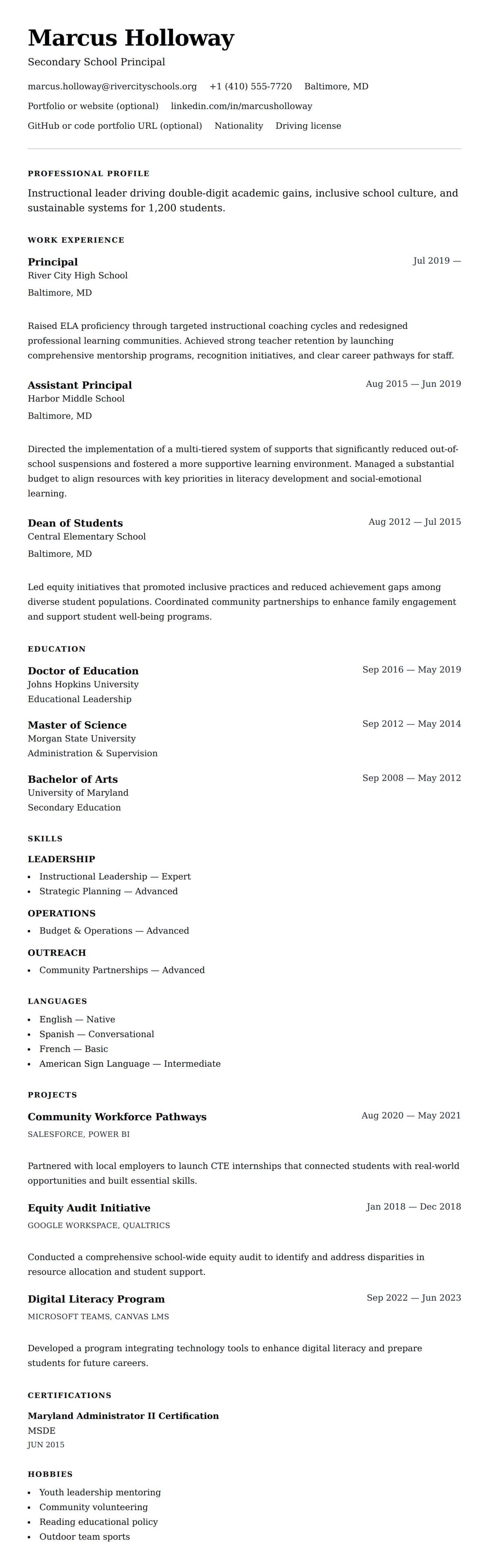 Resume preview for Principal Resume Example