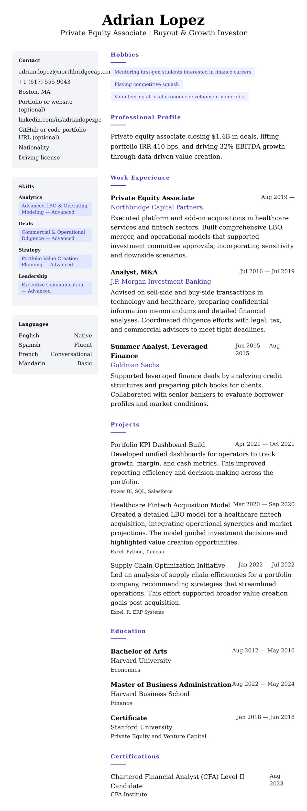 Resume preview for Private Equity Associate Resume Example