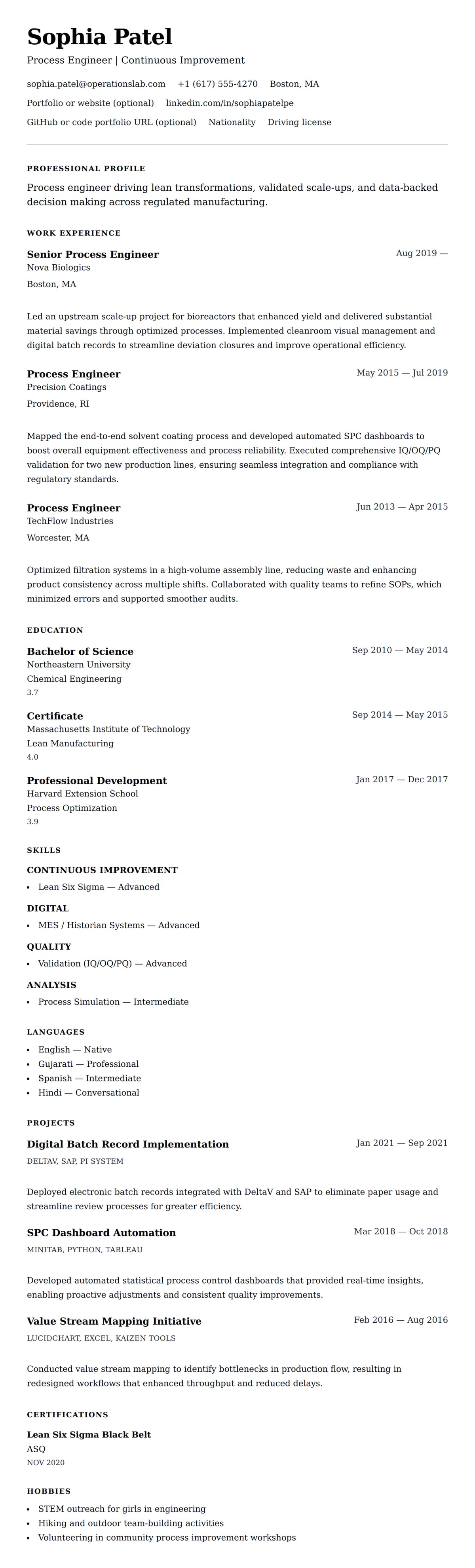 Resume preview for Process Engineer Resume Example