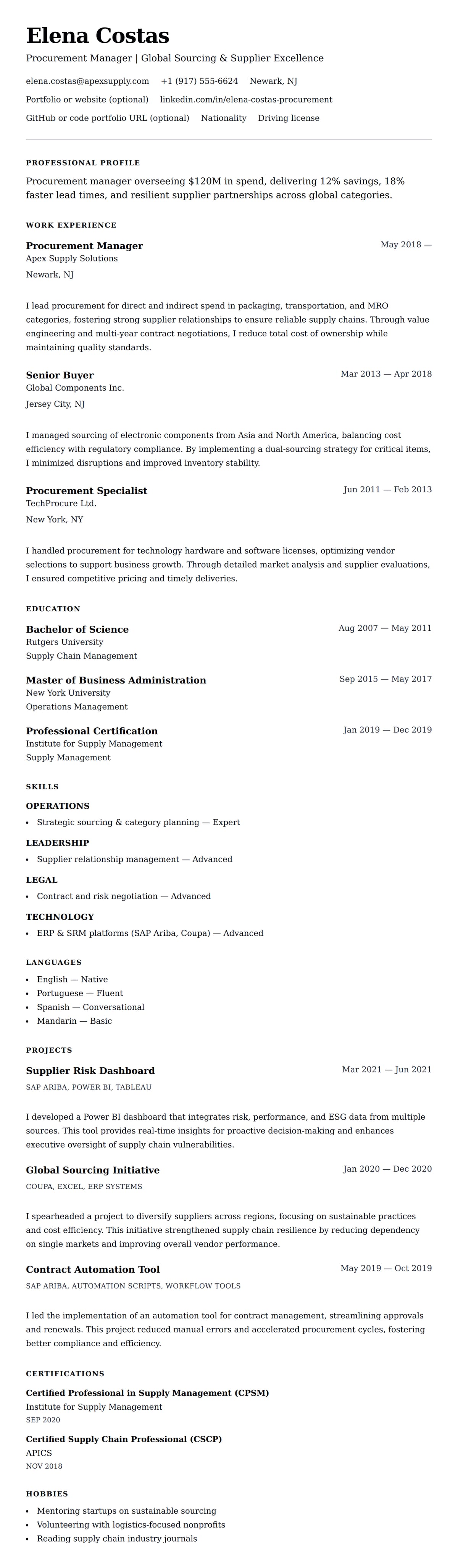Procurement Manager Resume Example