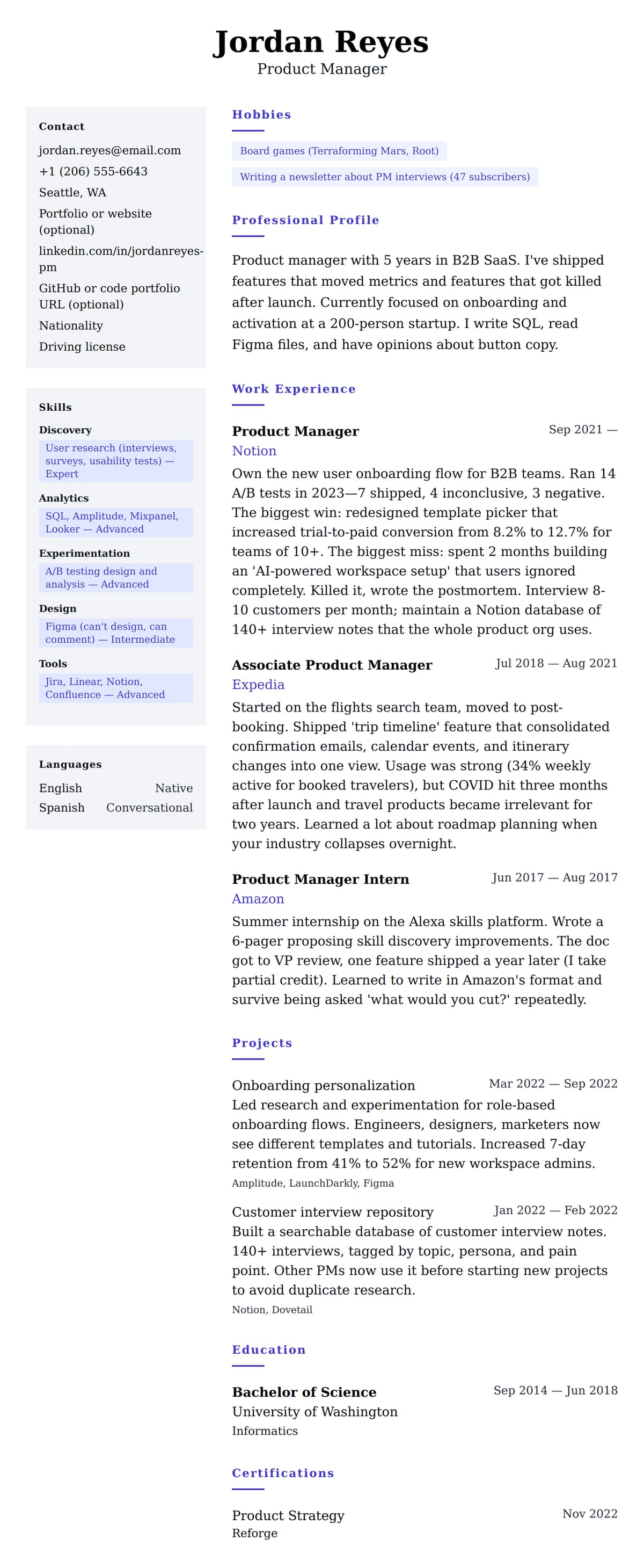 Resume preview for Product Manager Resume Example