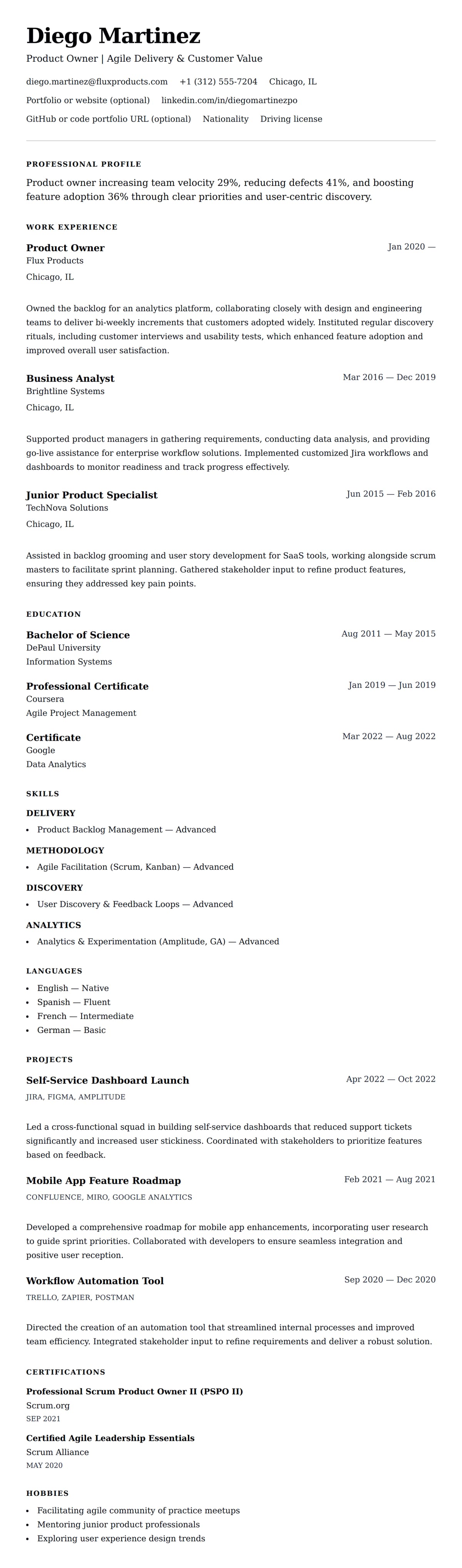 Resume preview for Product Owner Resume Example