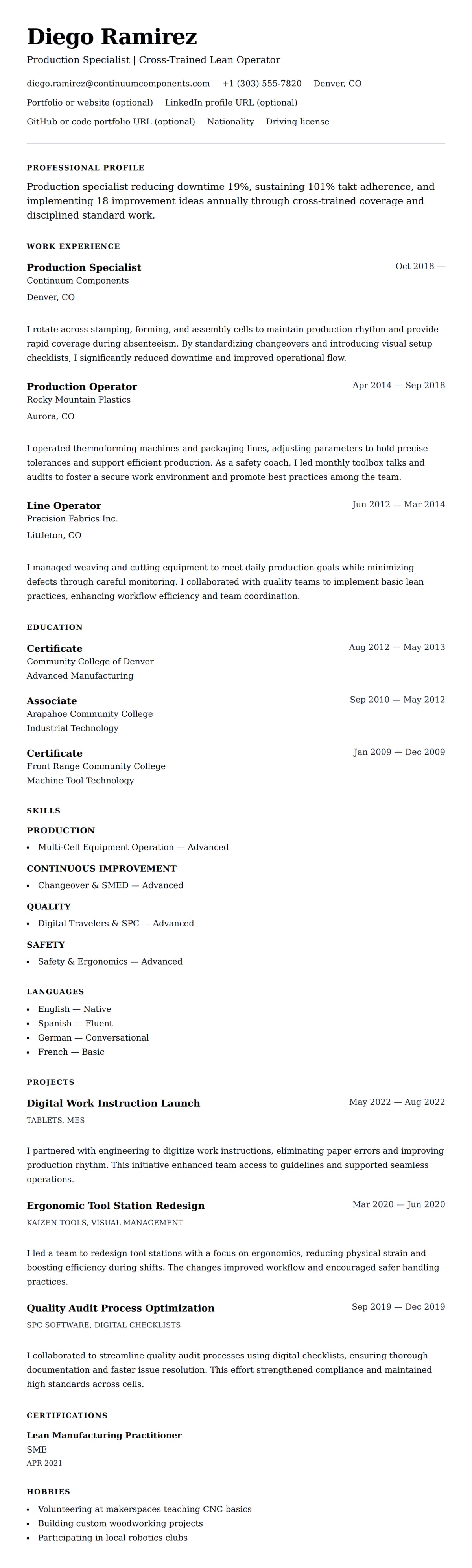 Resume preview for Production Specialist Resume Example