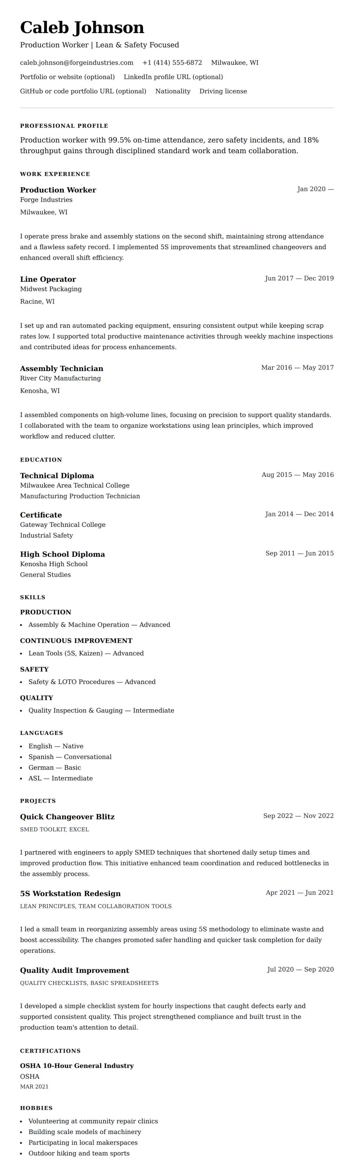 Resume preview for Production Worker Resume Example