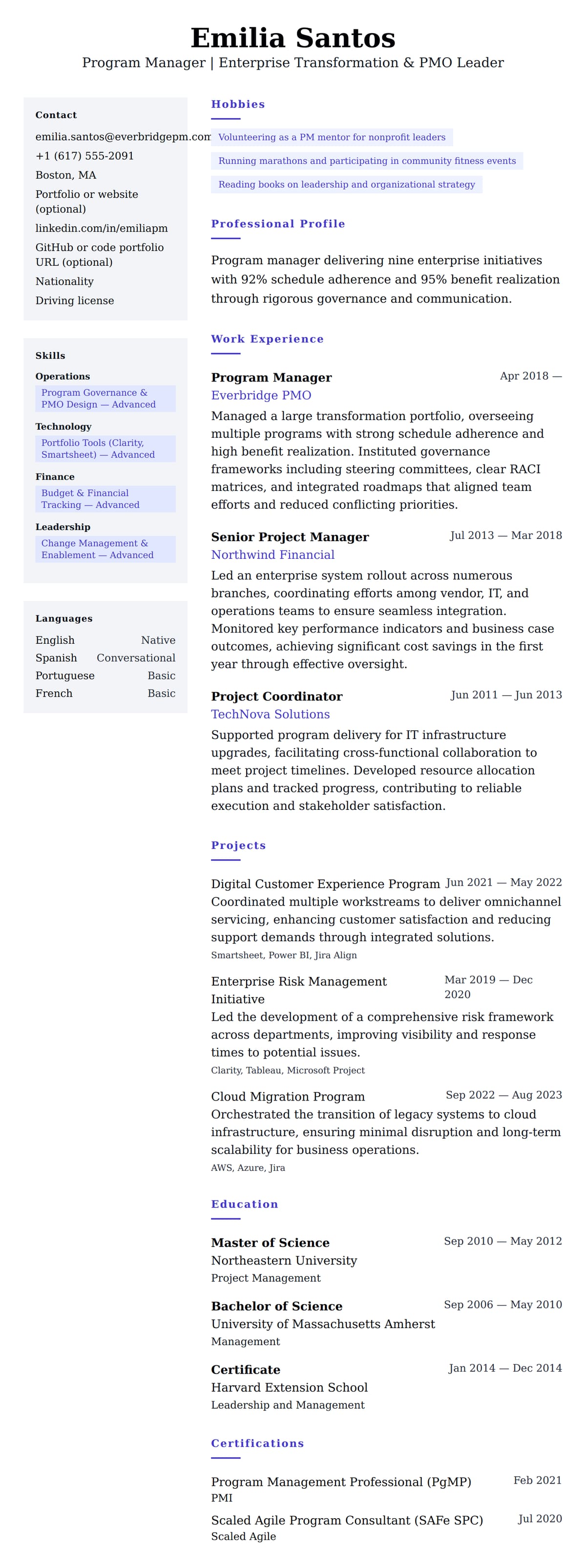 Resume preview for Program Manager Resume Example