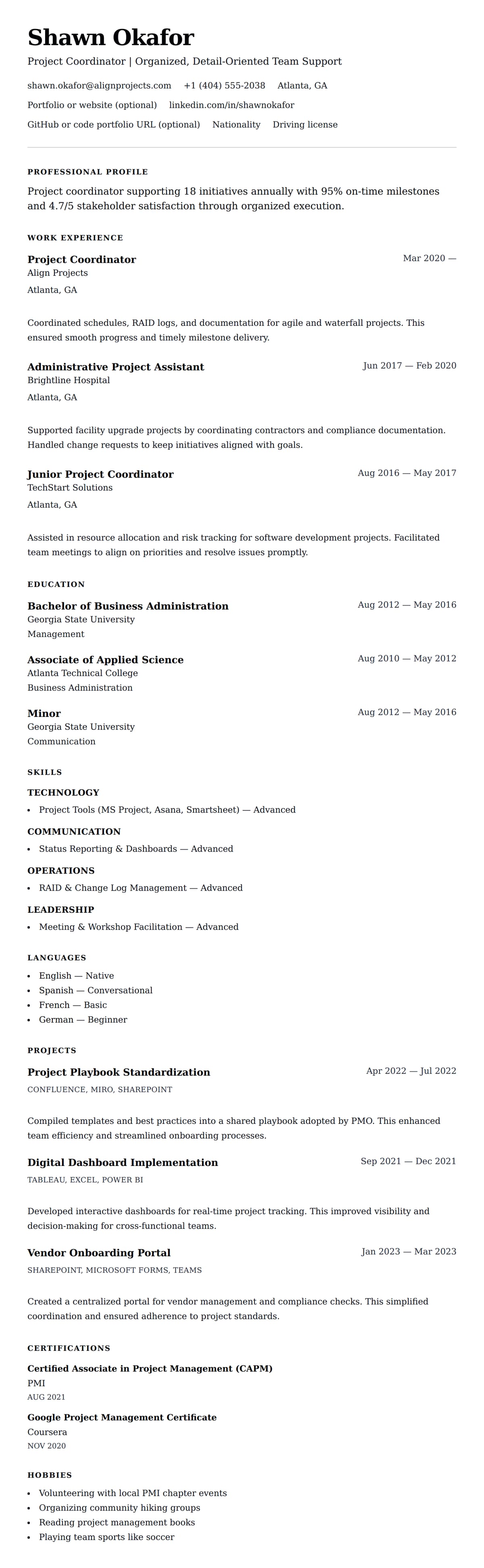 Resume preview for Project Coordinator Resume Example
