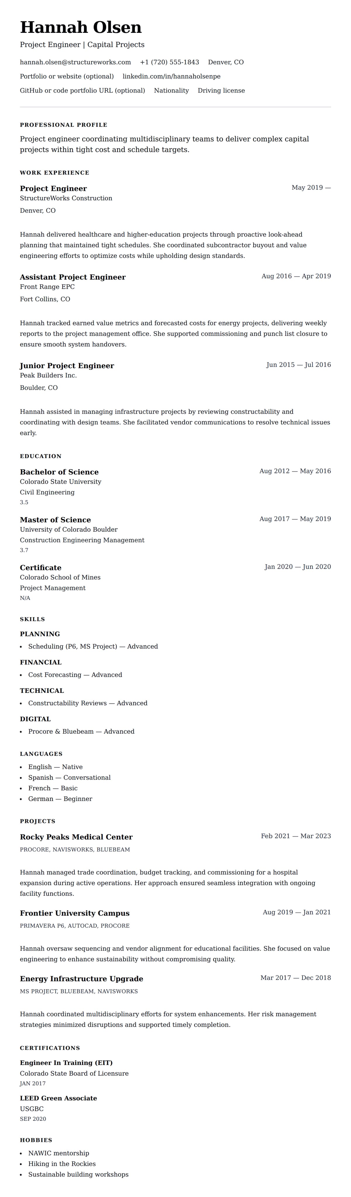 Resume preview for Project Engineer Resume Example