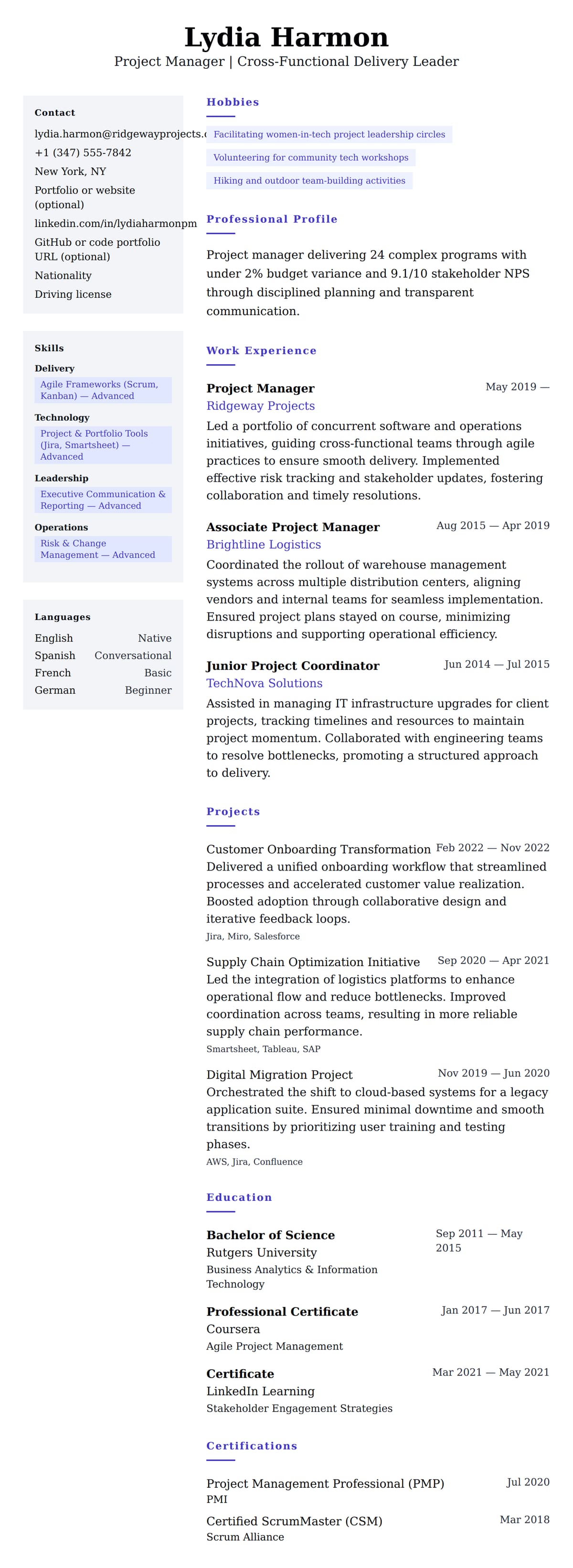 Resume preview for Project Manager Resume Example