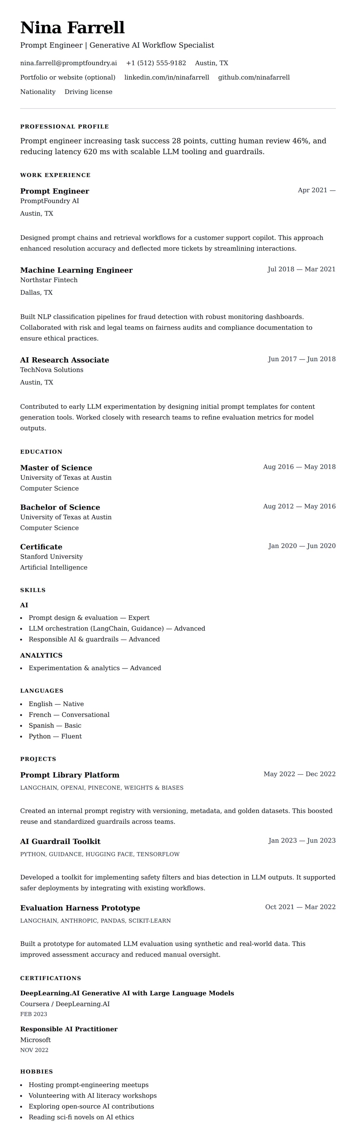 Resume preview for Prompt Engineer Resume Example