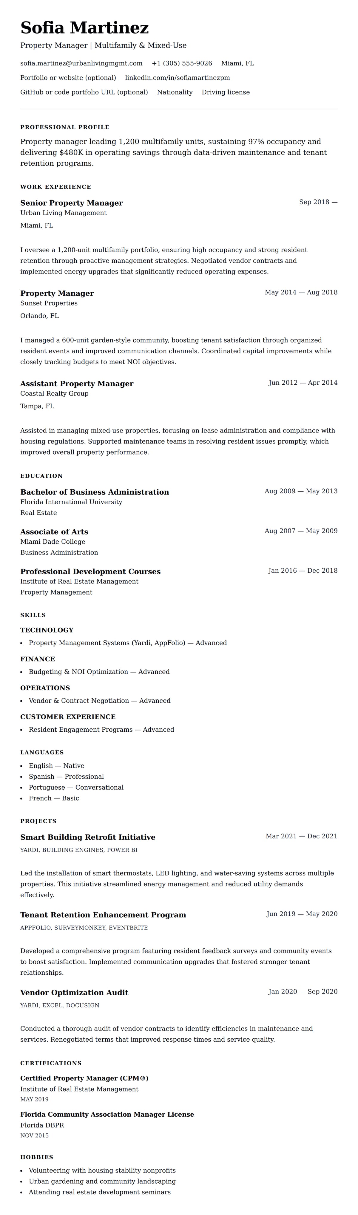 Resume preview for Property Manager Resume Example