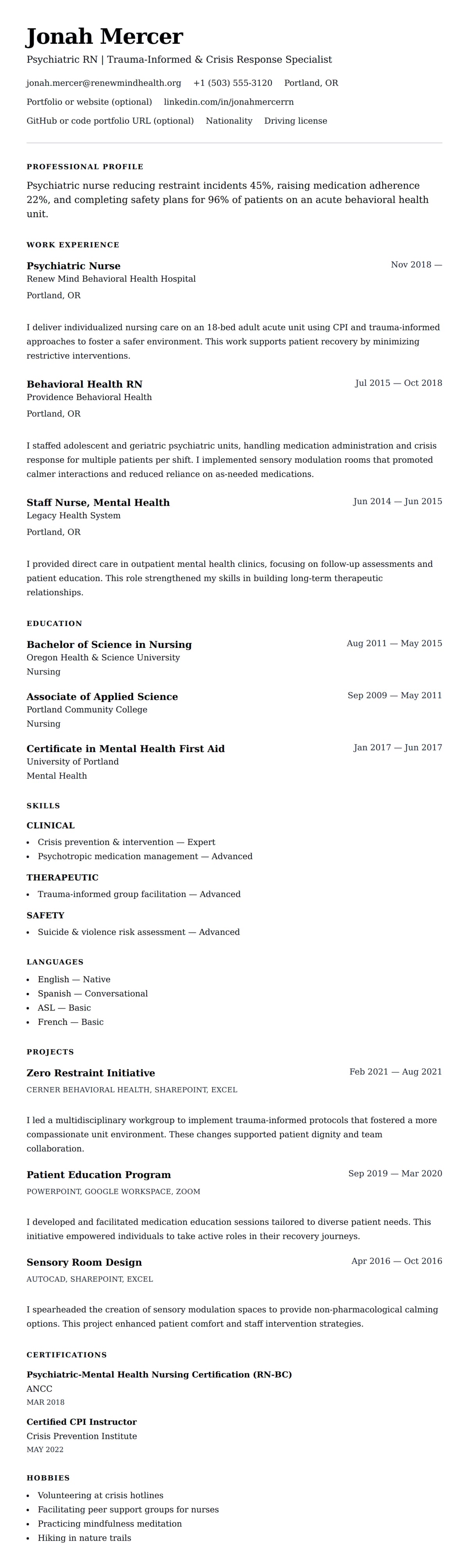 Resume preview for Psychiatric Nurse Resume Example