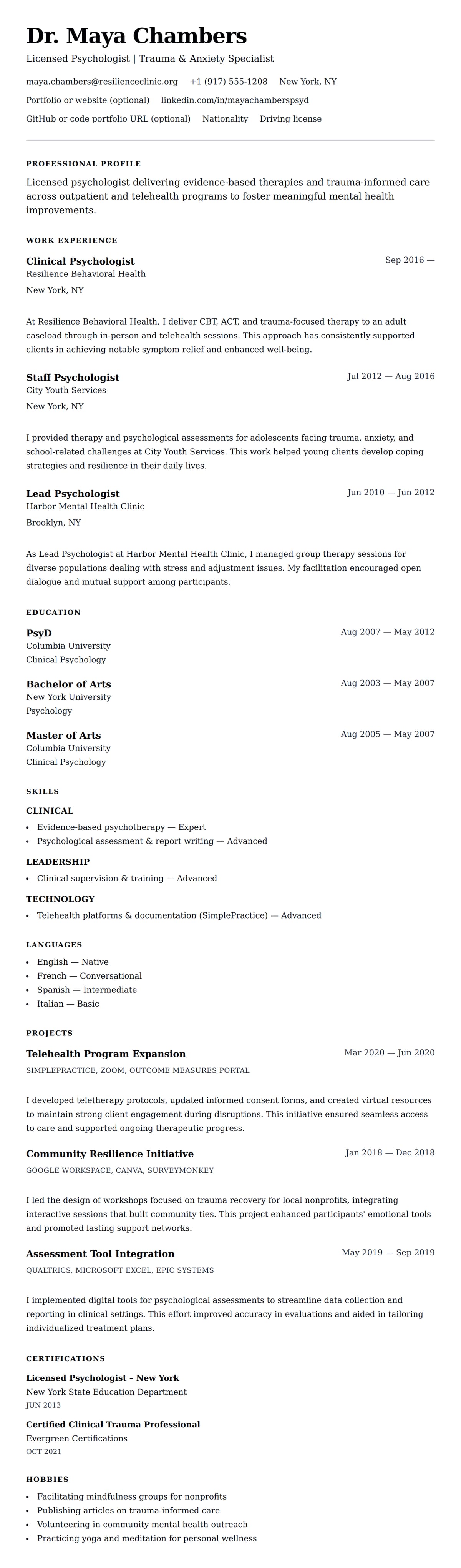 Resume preview for Psychologist Resume Example