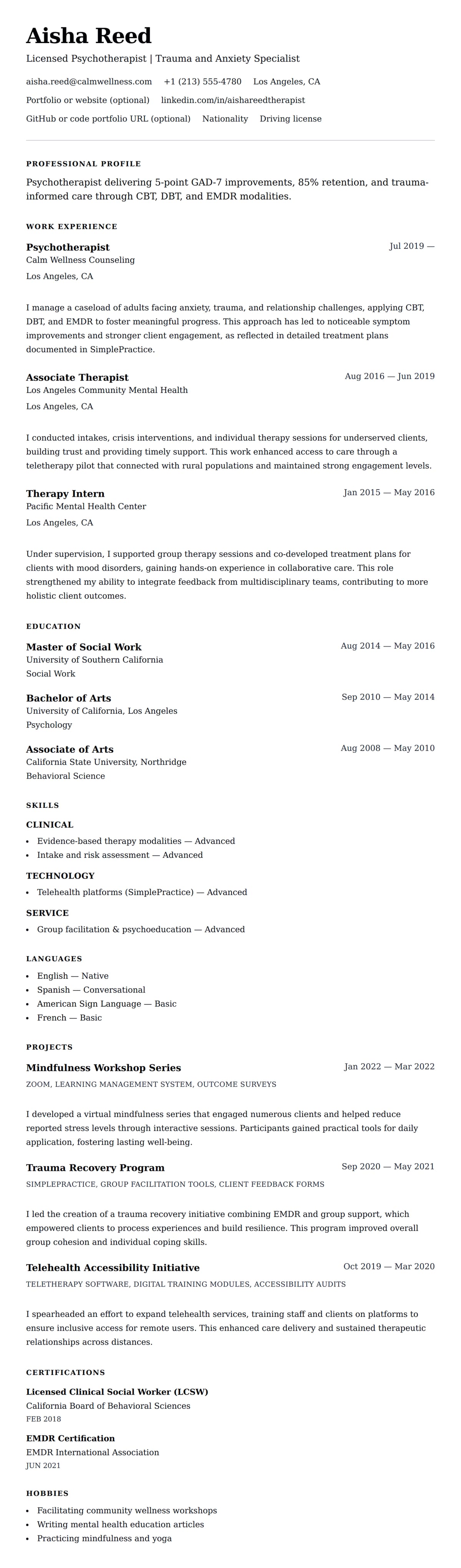 Psychotherapist Resume Example