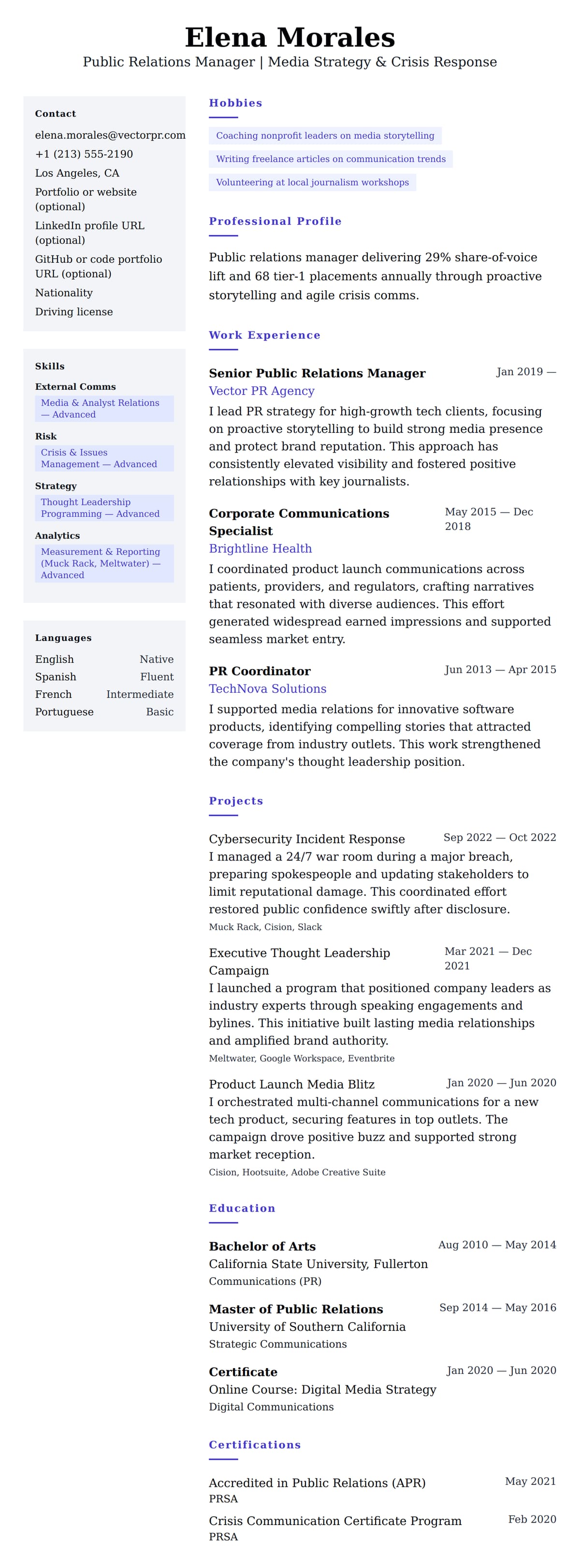 Resume preview for Public Relations Manager Resume Example