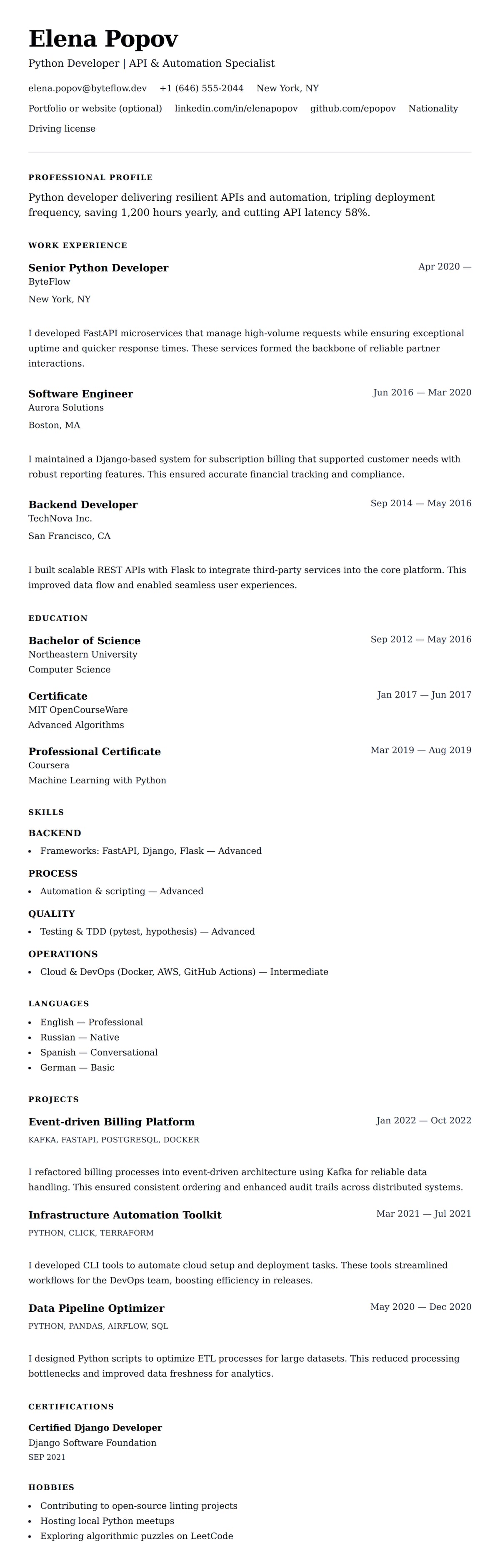 Resume preview for Python Developer Resume Example