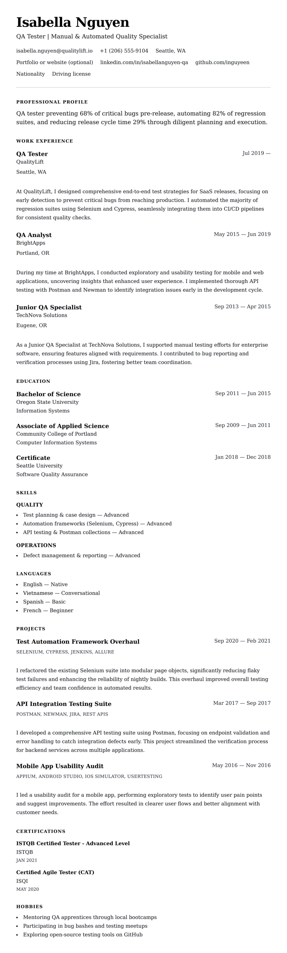 Resume preview for QA Tester Resume Example