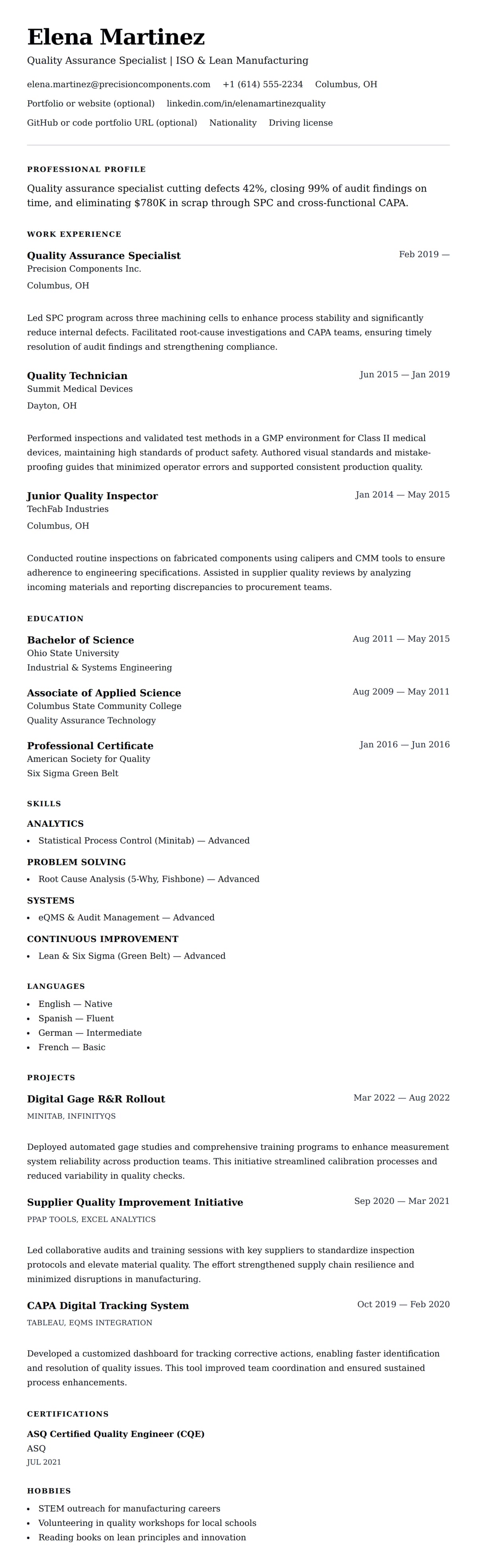 Resume preview for Quality Assurance Specialist Resume Example
