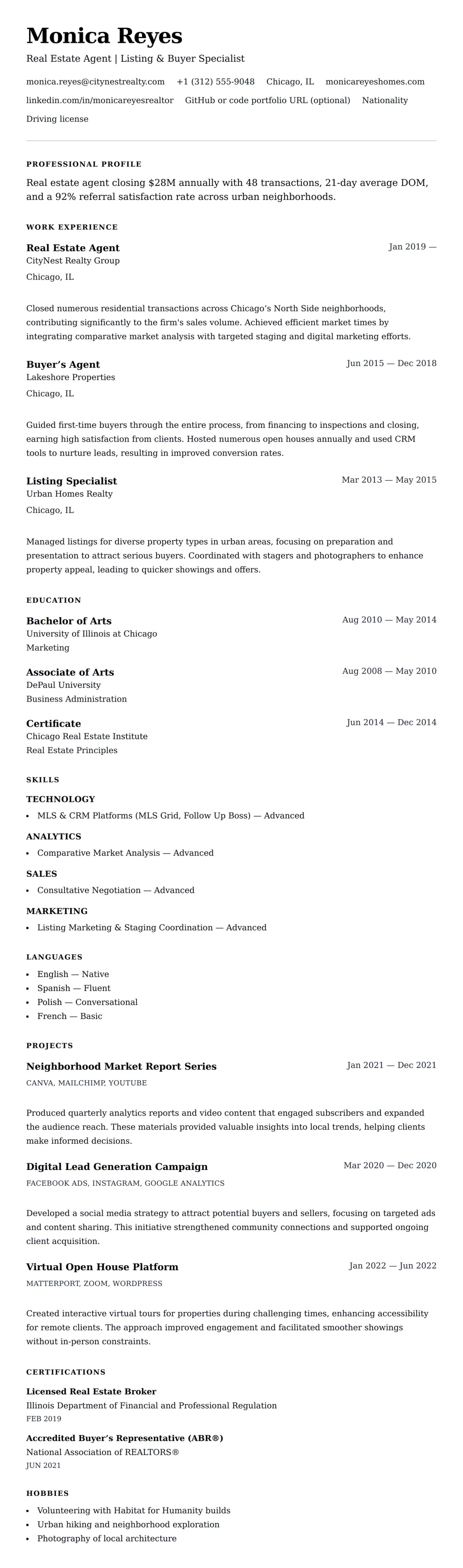 Resume preview for Real Estate Agent Resume Example
